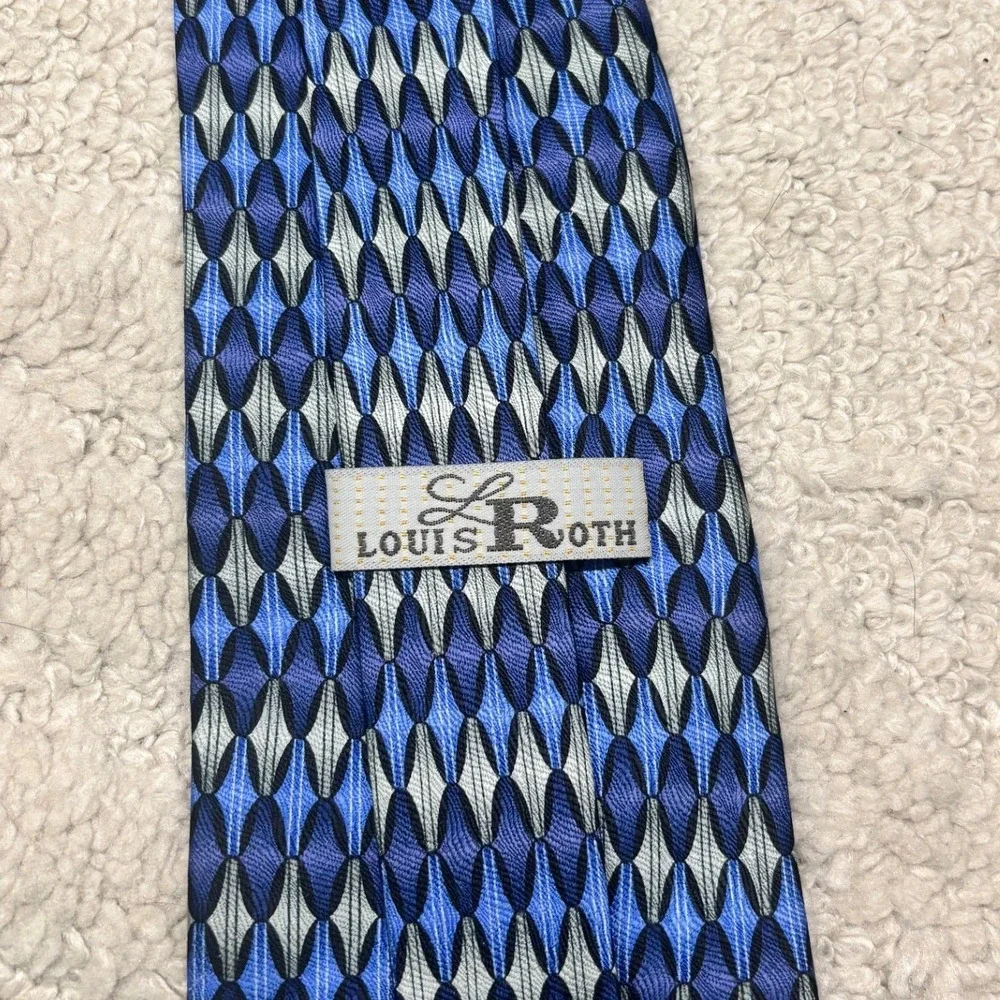 Louis Roth Silk Tie Mens OS Blue Silver‎ Geometric Diamond Hand Made Vintage
